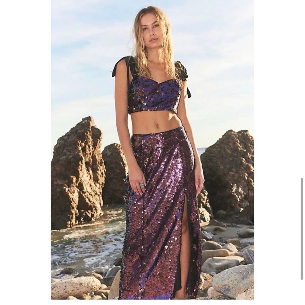 NWT Free People Star Bright Sequin Cropped Top & Maxi Skirt Set Lilac, Size 14 - Picture 1 of 10